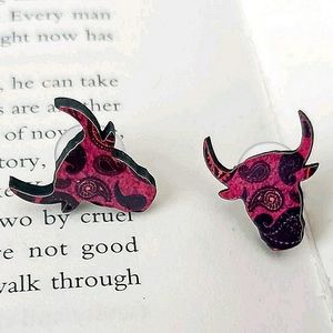 Hot Pink Paisley Bull Head Earrings